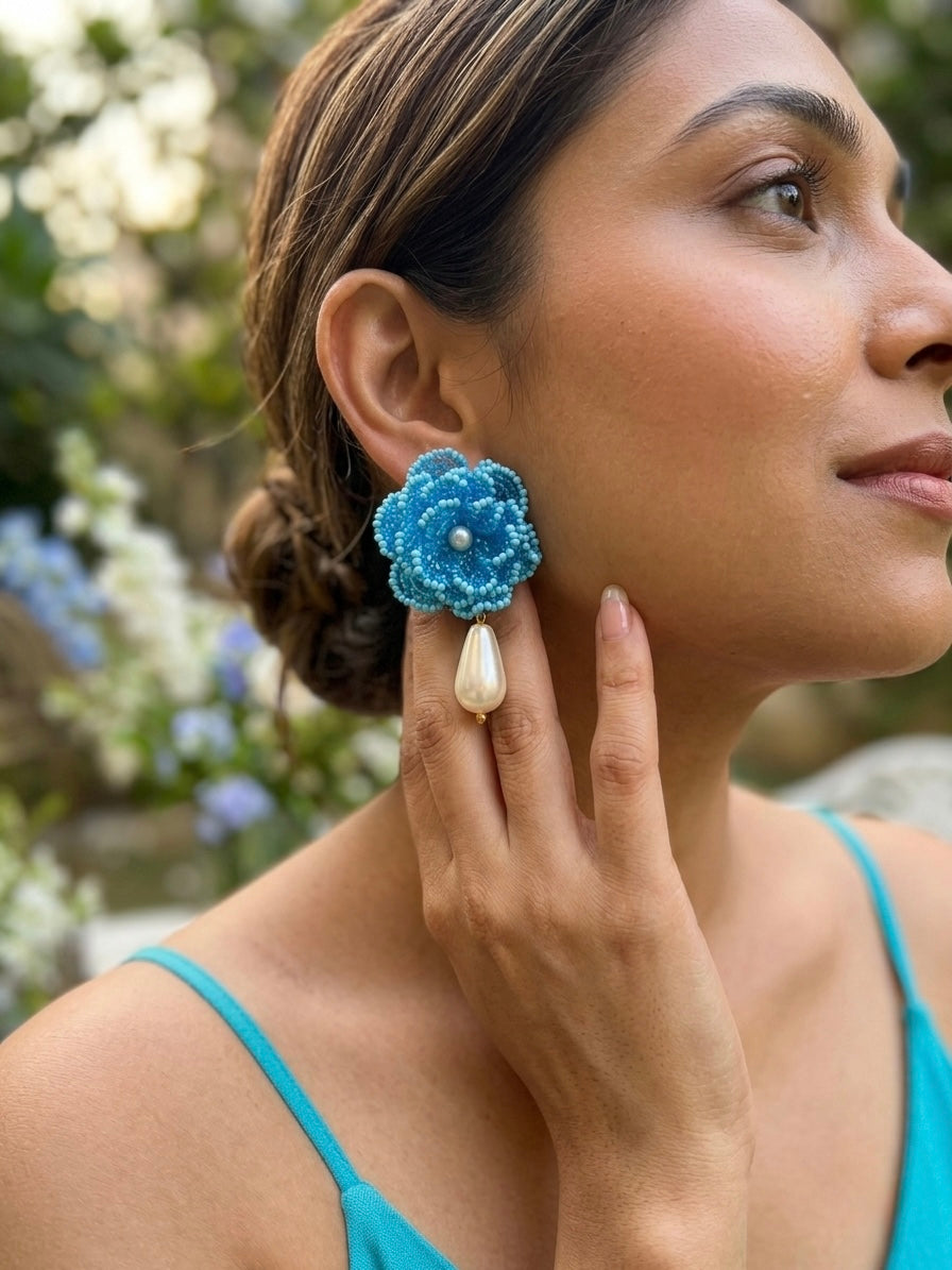 Crochet Aqua Blue 3D Rose Pearl Drops Flower Handmade Beaded Earrings