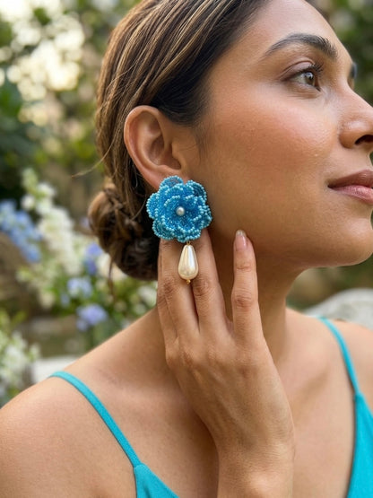 Crochet Aqua Blue 3D Rose Pearl Drops Flower Handmade Beaded Earrings