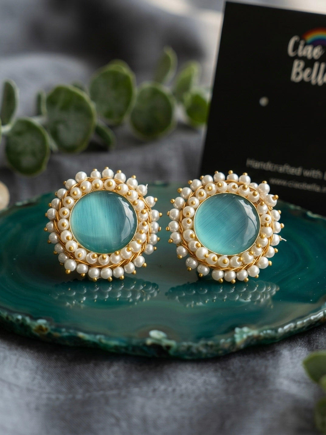 Sitara Aqua Blue Pearl Round Handmade Brass Earrings