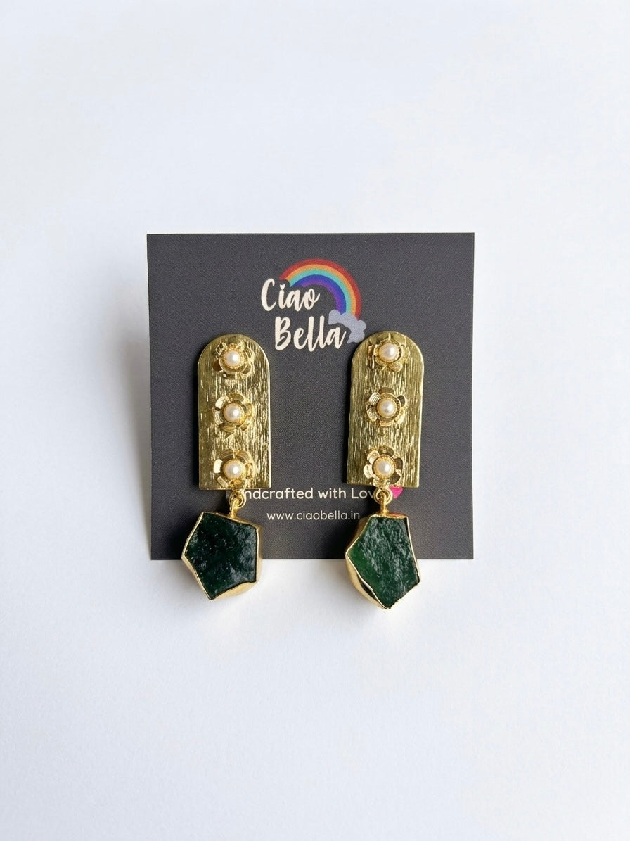 Flora Royale – Green Emerald Handmade Brass Earrings