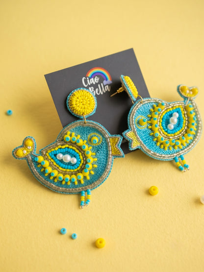 Chirpy Birdie Light Blue Yellow Handmade Beaded Earrings