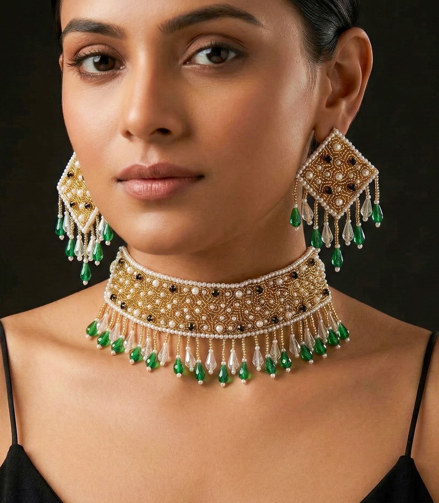 Golden Emerald Green Handmade Beaded Choker Set