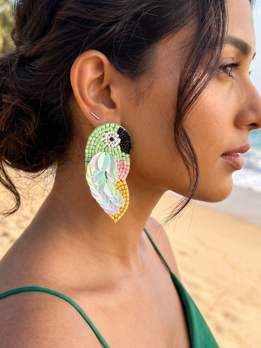 Green Parrot Handmade Beaded Bird Earrings