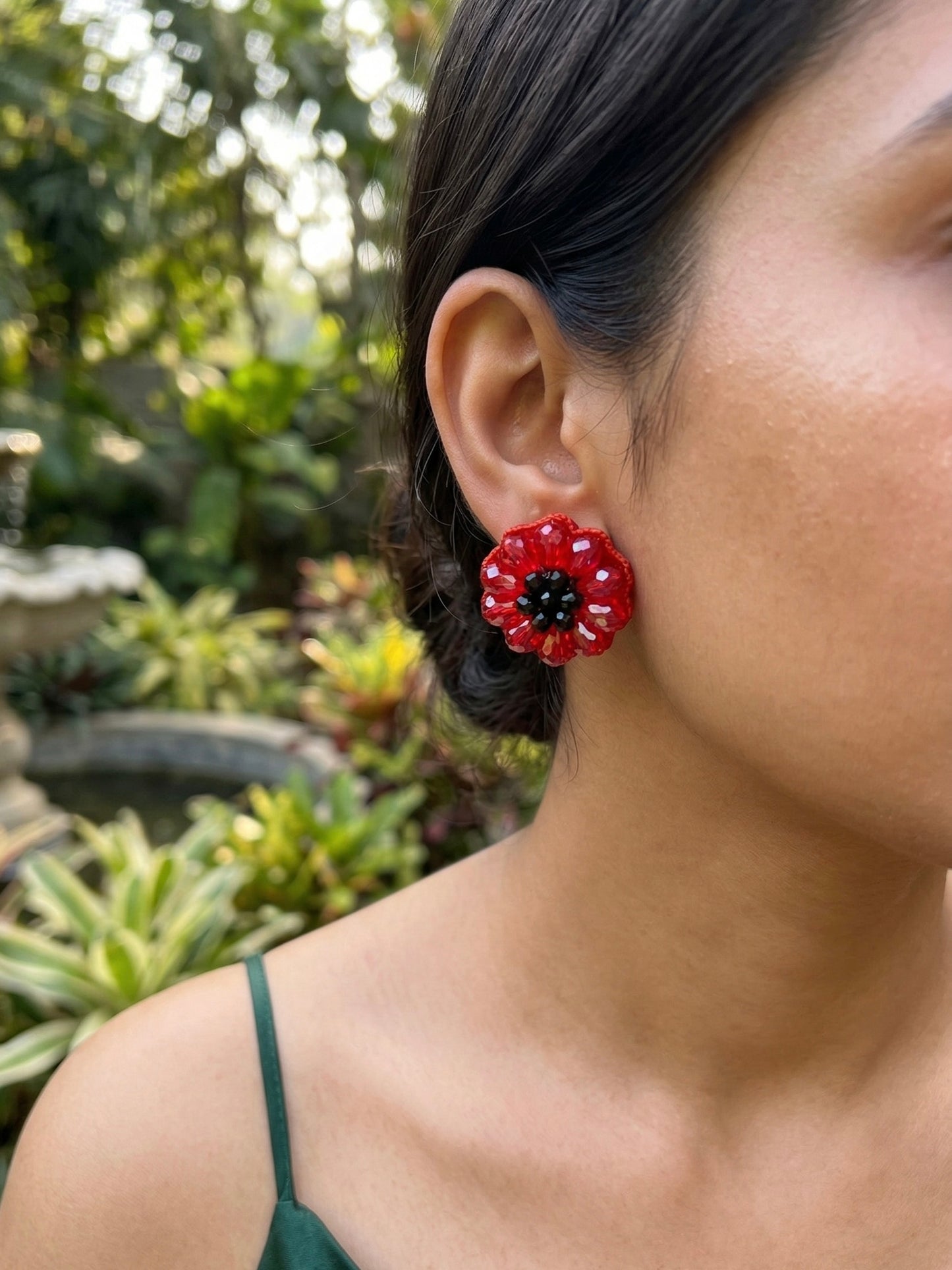 Sparkling Red Flower Handmade Beaded Stud Earrings