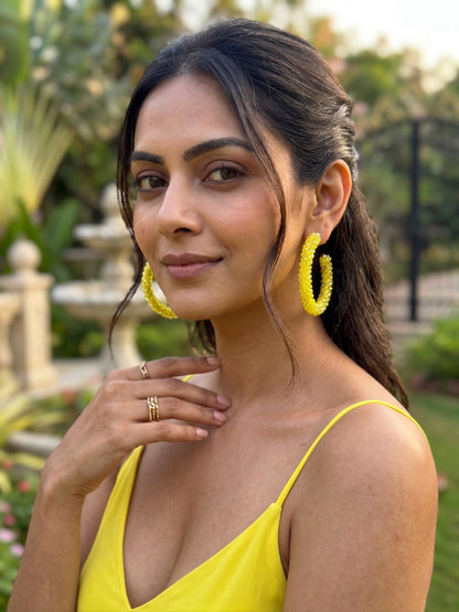 Woven Yellow Crystal Handmade Beaded Hoop Earrings