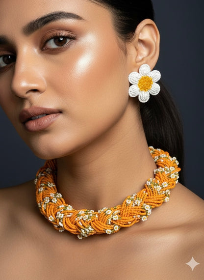 Luxe Flora Orange Handmade Beaded Necklace + Earrings Set