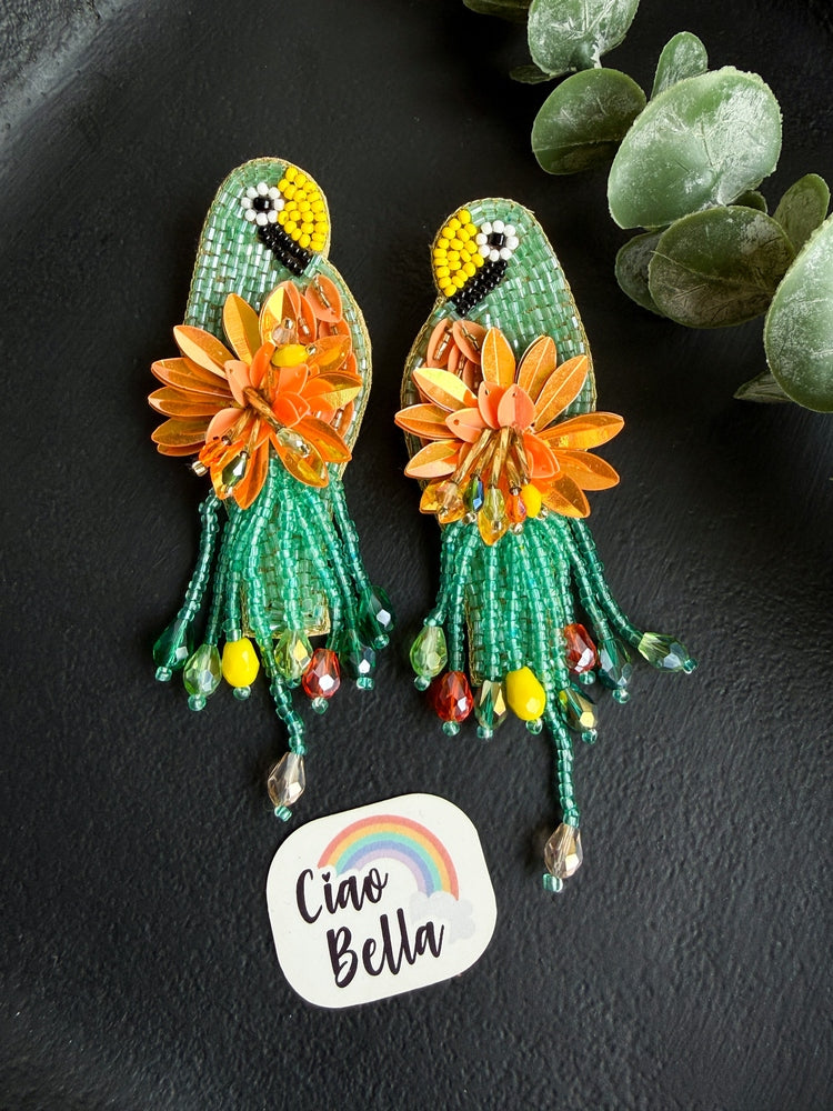 Luxe Paradise Teal Mint Lagoon Orange Parrot Handmade Beaded Bird Earrings
