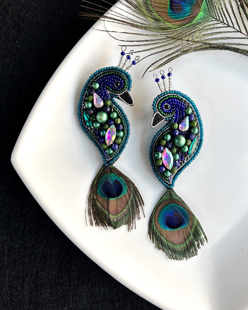 Regal Peacock Handmade Beaded Bird Earrings