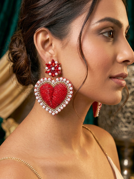 Ishqiya Red Heart Drop Handmade Beaded Earrings