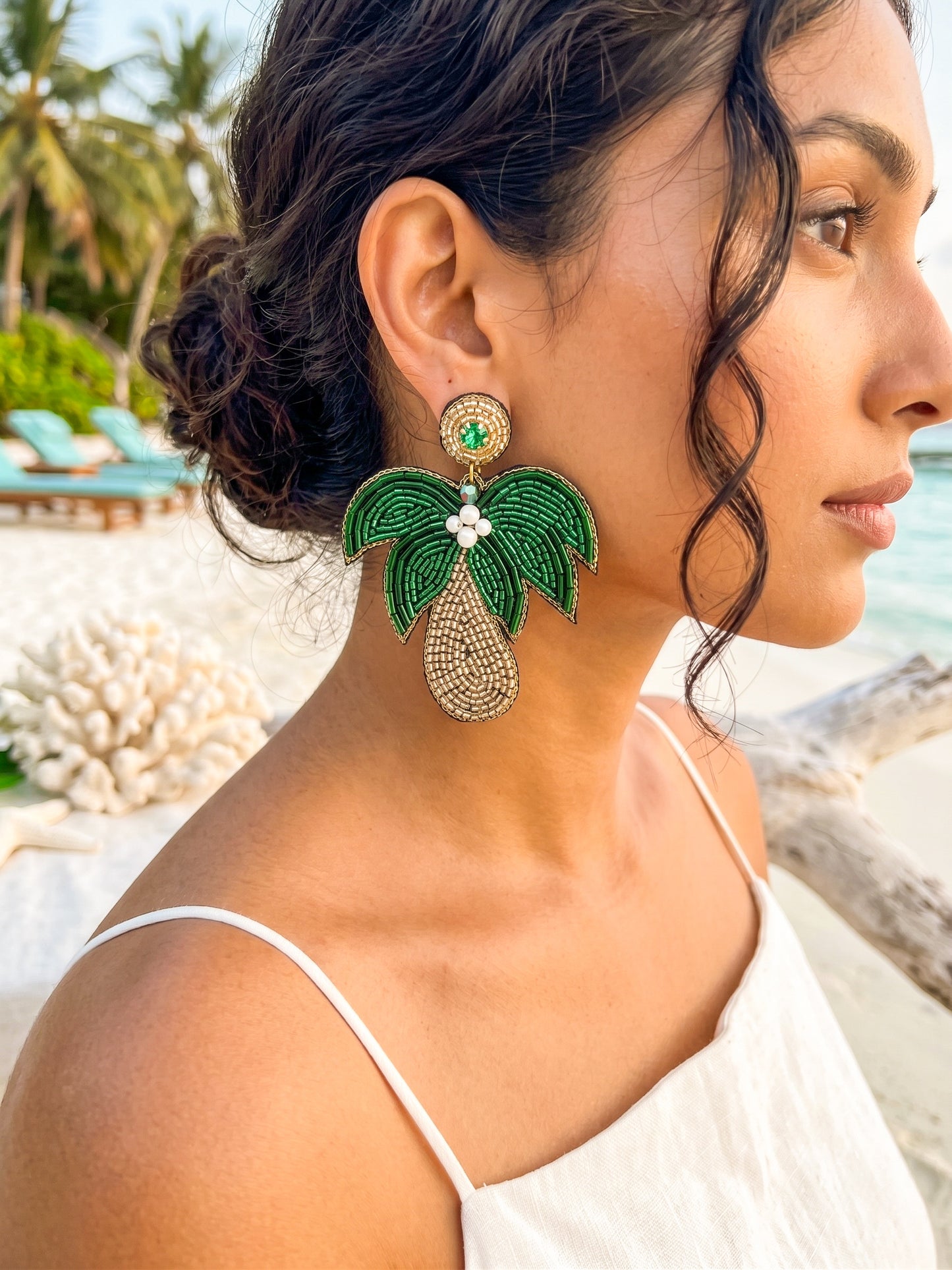 Tropical Palm Tree Green Handmade Beaded Earrings