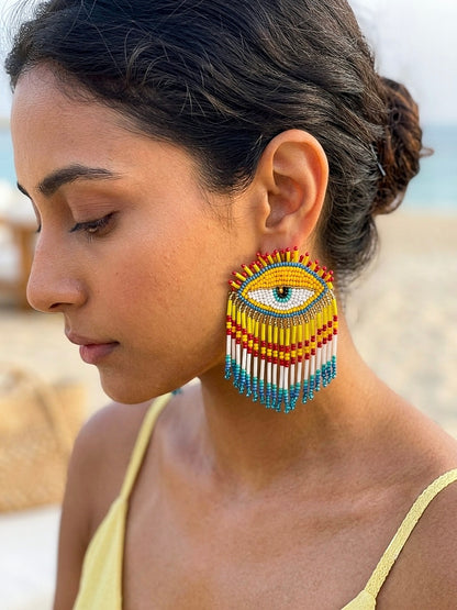 Golden Gaze Yellow Pink Evil Eye Handmade Beaded Tassel Earrings