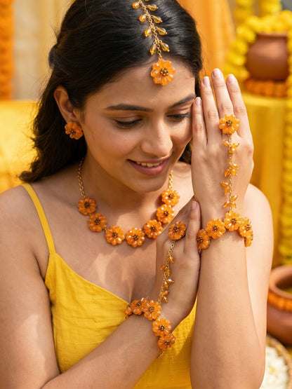 Sparkling Sunflower Handmade Beaded Haldi Jewellery Set (Necklace + Earrings + Hathphools + Maangtika)
