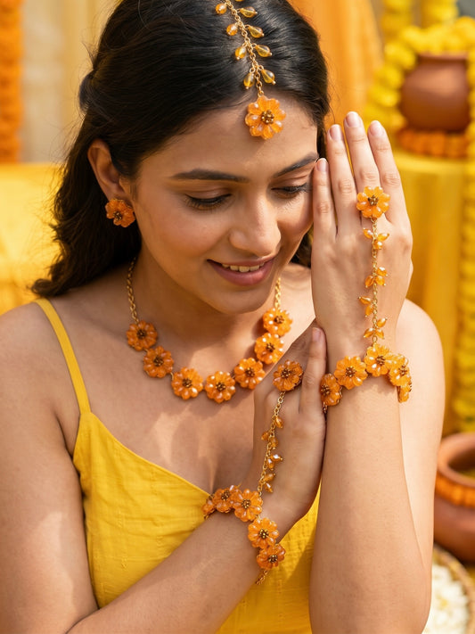 Sparkling Sunflower Handmade Beaded Haldi Jewellery Set (Necklace + Earrings + Hathphools + Maangtika)