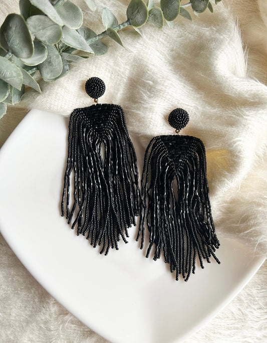 Luxe Midnight Black Handmade Beaded Tassel Earrings