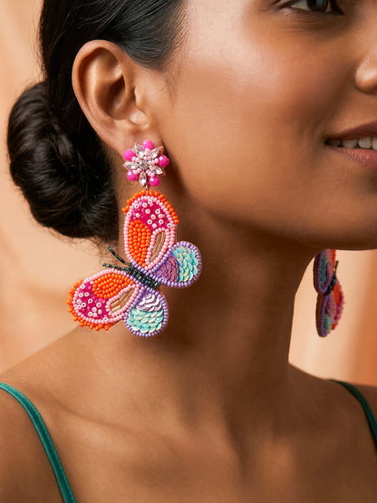 Paradise Sunset Orange Pink Handmade Beaded Butterfly Earrings