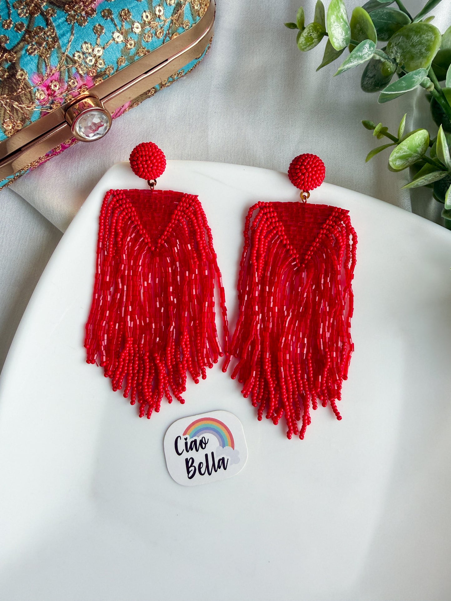 Luxe Crimson Red Handmade Beaded Tassel Earrings