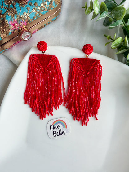 Luxe Crimson Red Handmade Beaded Tassel Earrings