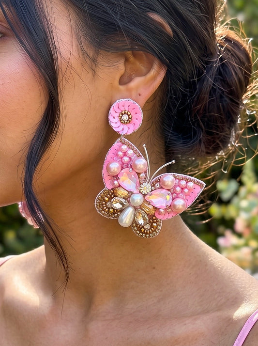 Luxe Crystal Light Rose Pink Handmade Beaded Butterfly Earrings