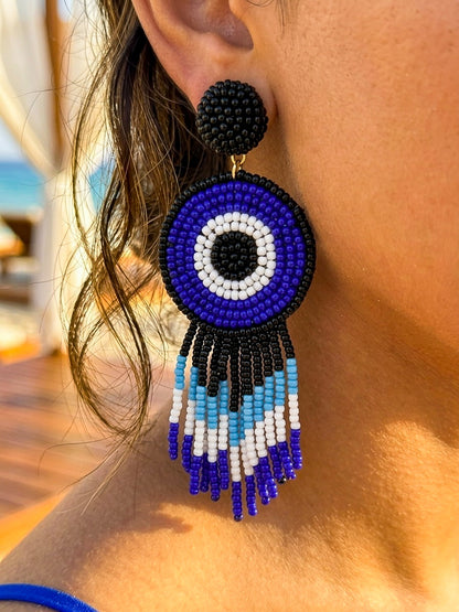 Boho Blue Evil Eye Handmade Beaded Earrings