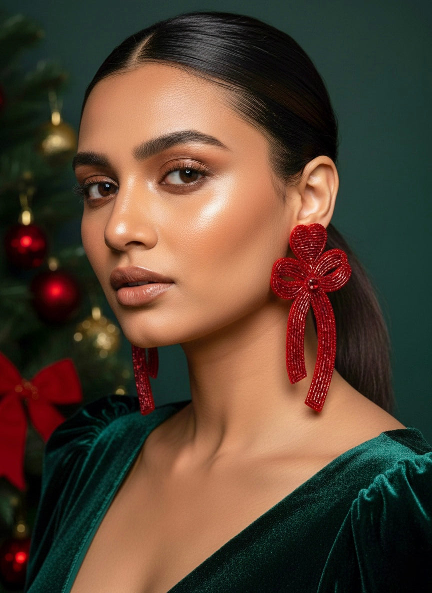 Glam Bow (Deep Red) Handmade Beaded Earrings