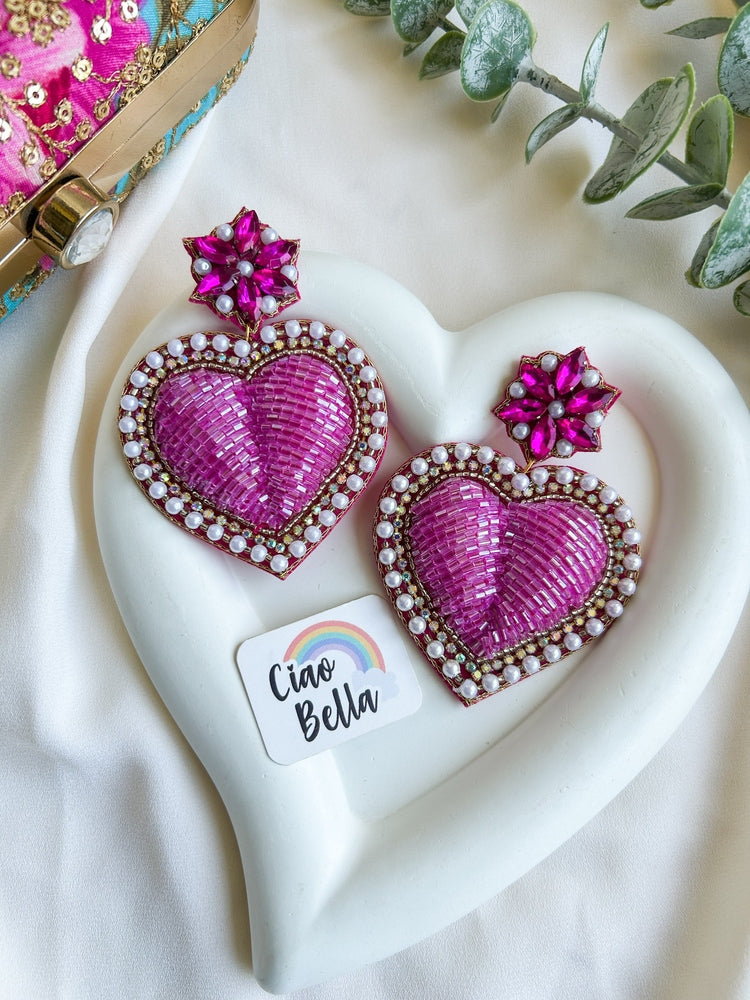 Ishqiya Pink Heart Drop Handmade Beaded Earrings