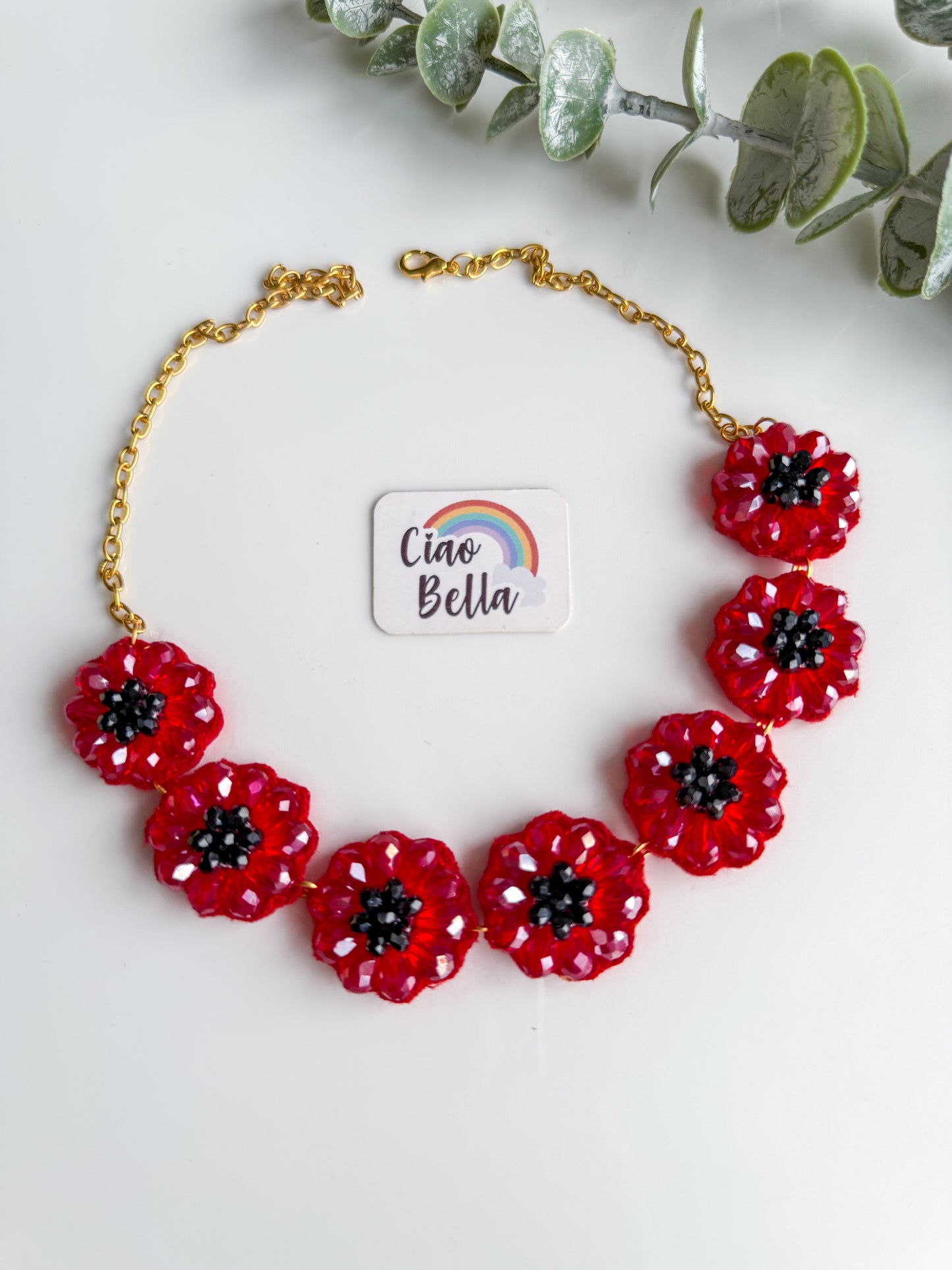 Sparkling Red Daisy Handmade Beaded Necklace + Earrings Set