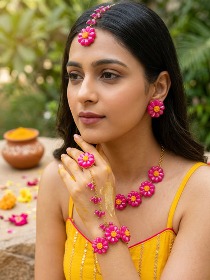 Sparkling Hot Pink Daisy Flower Handmade Beaded Haldi Jewellery Set (Necklace + Earrings + Hathphools + Maangtika)