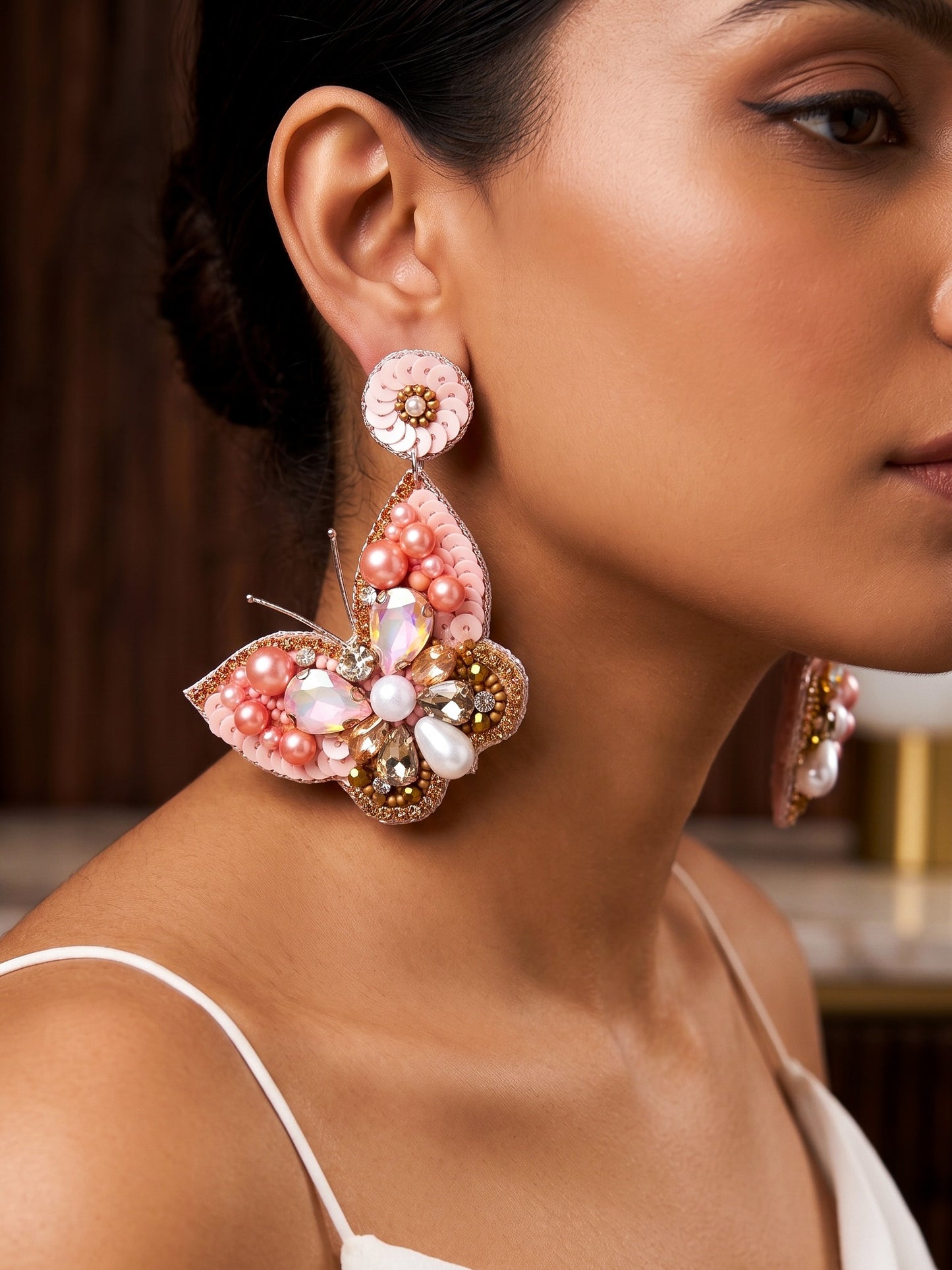 Luxe Crystal Peach Handmade Beaded Butterfly Earrings