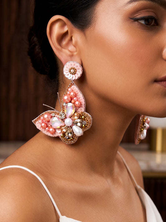 Luxe Crystal Peach Handmade Beaded Butterfly Earrings