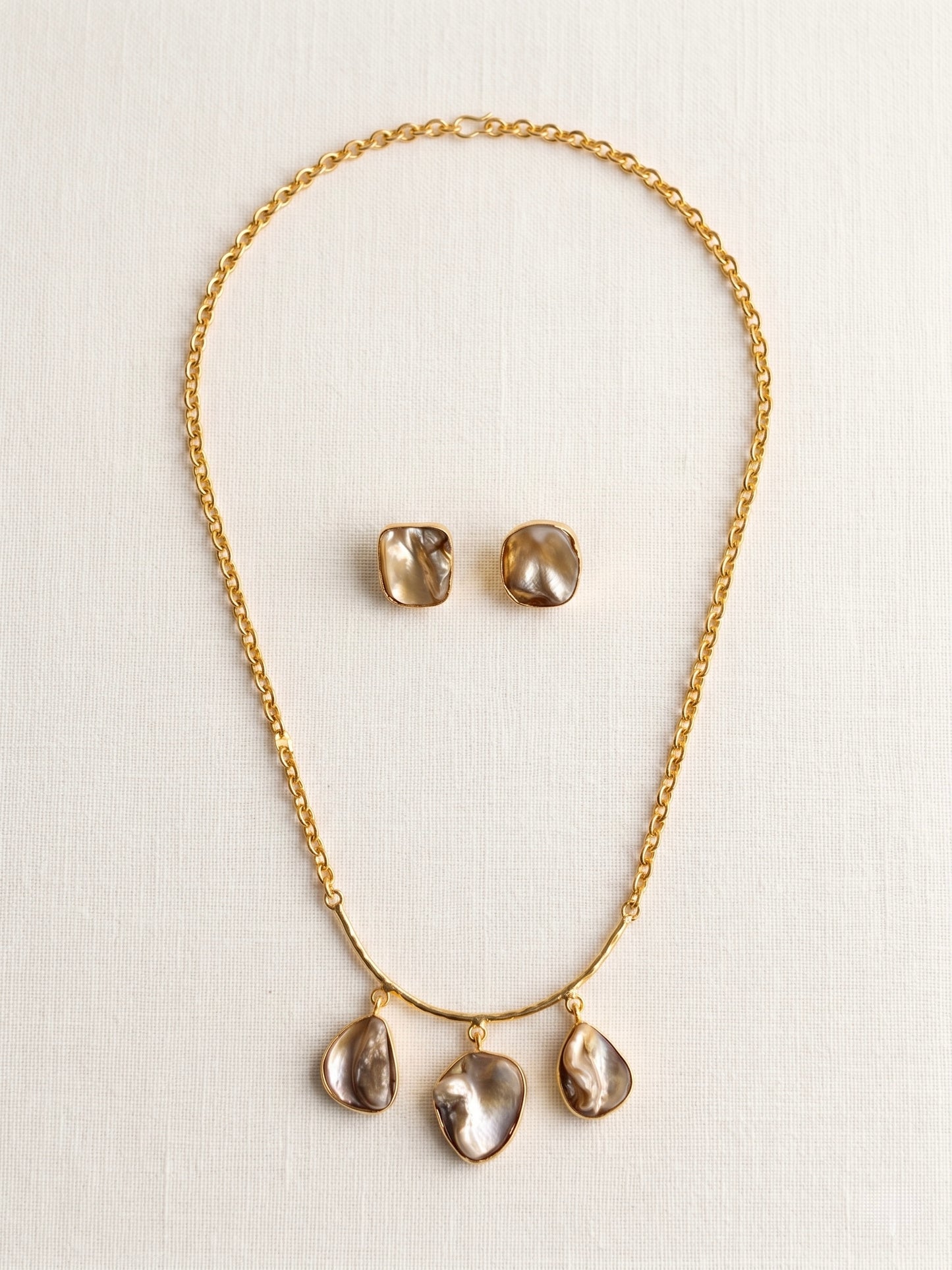 Celestial Mother of Pearl Handmade Brass Necklace + Stud Earrings Set