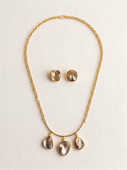 Celestial Mother of Pearl Handmade Brass Necklace + Stud Earrings Set