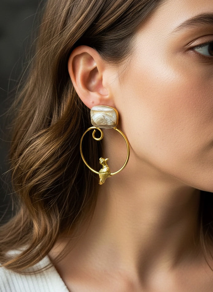 Perched Bird Handmade Brass Earrings