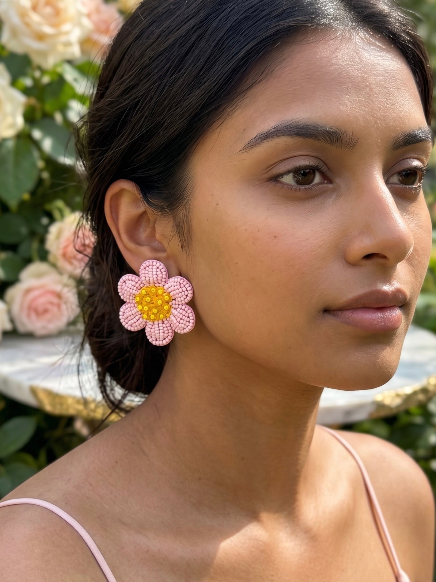 Blush Pink Daisy Stud Handmade Beaded Flower Earrings
