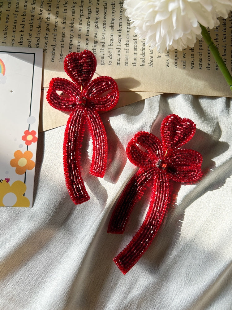 Glam Bow (Deep Red) Handmade Beaded Earrings