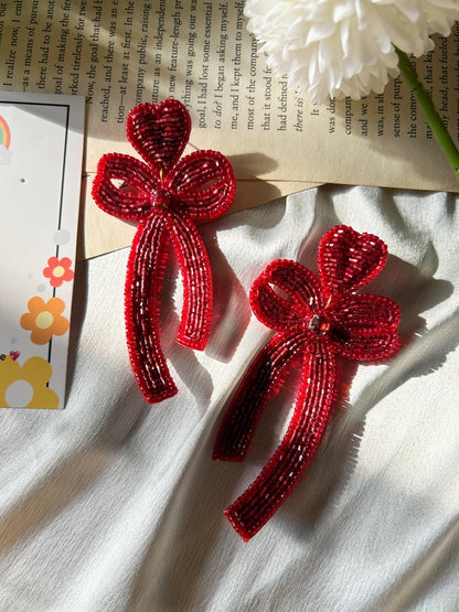 Glam Bow (Deep Red) Handmade Beaded Earrings