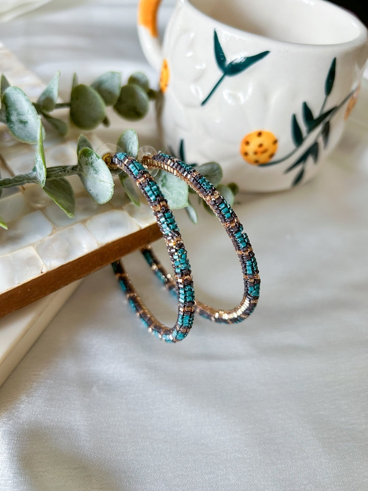 Golden Teal Fusion Hoop Handmade Beaded Earrings