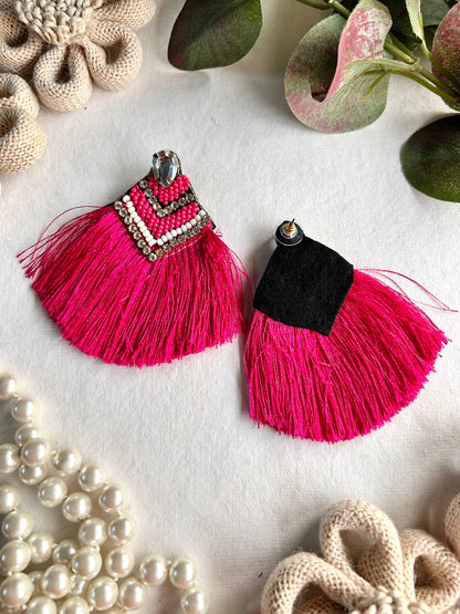 Hot Pink Handmade Beaded Tassel Earrings