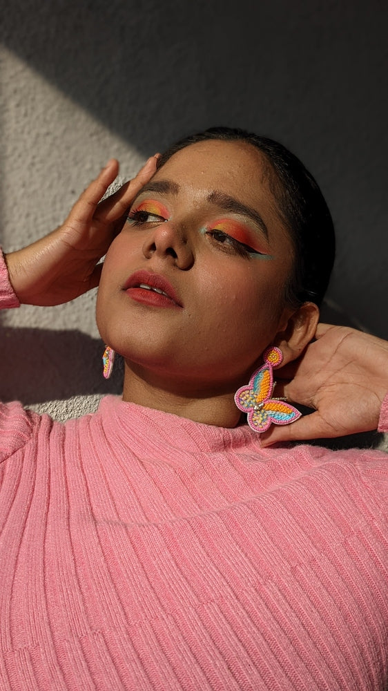 Sun-Kissed Pink Handmade Beaded Butterfly Earrings