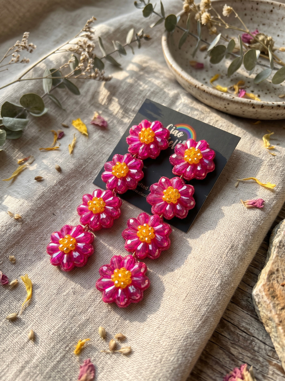 Sparkling Hot Pink Daisy Flower Handmade Beaded Drop Earrings