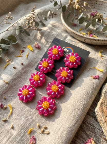 Sparkling Hot Pink Daisy Flower Handmade Beaded Drop Earrings