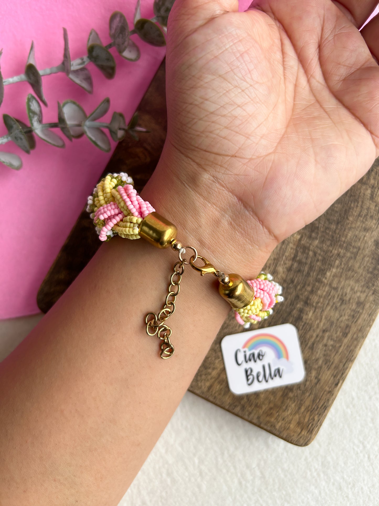 Luxe Flora Pink Yellow Handmade Beaded Bracelet