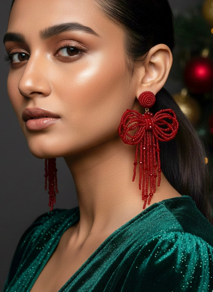 Pookie Bow (Deep Red) Handmade Beaded Earrings