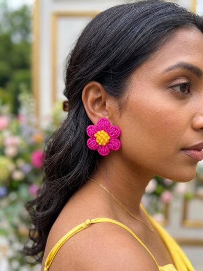Pink Daisy Stud Handmade Beaded Flower Earrings