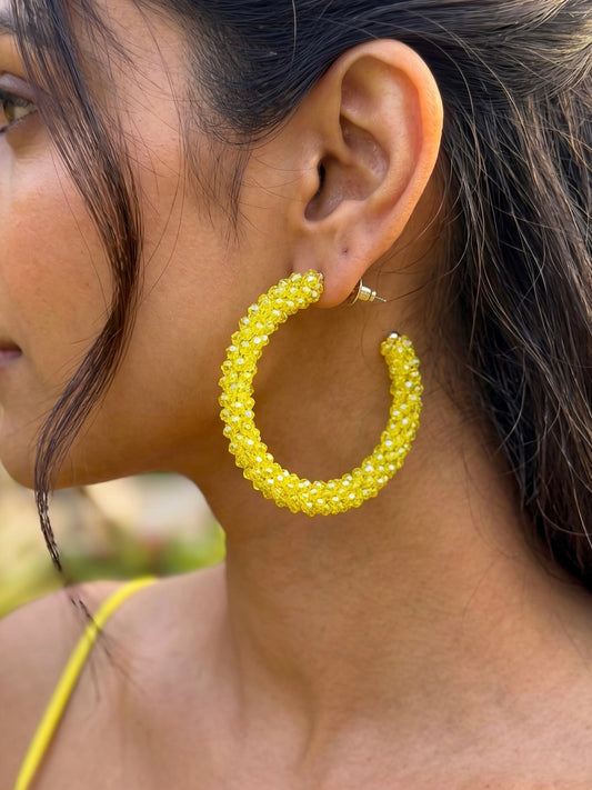 Woven Yellow Crystal Handmade Beaded Hoop Earrings