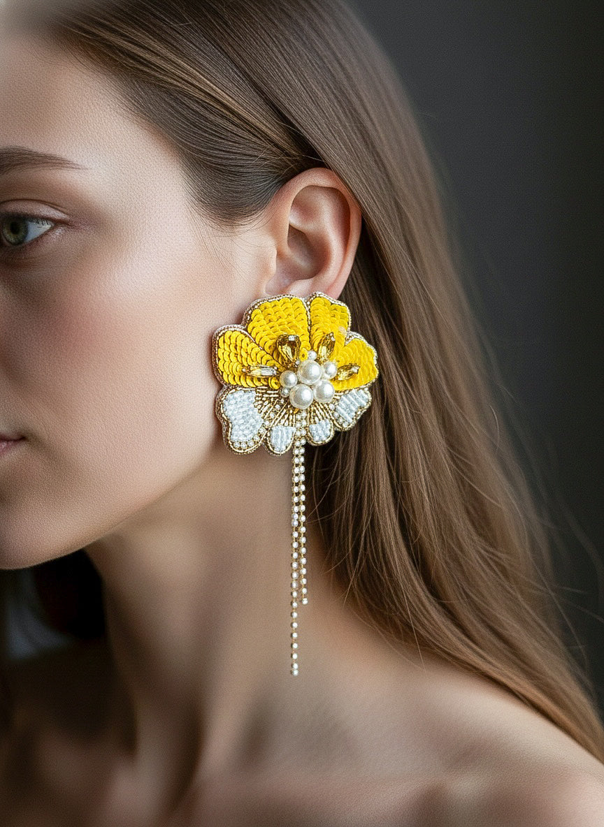 Floral Fiesta Yellow Handmade Beaded Flower Earrings