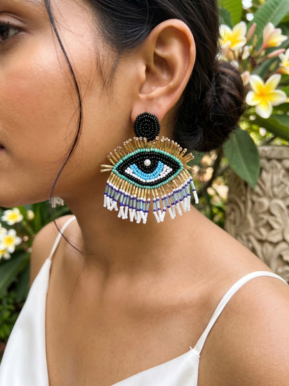 Blue Evil Eye Elegance Handmade Beaded Earrings