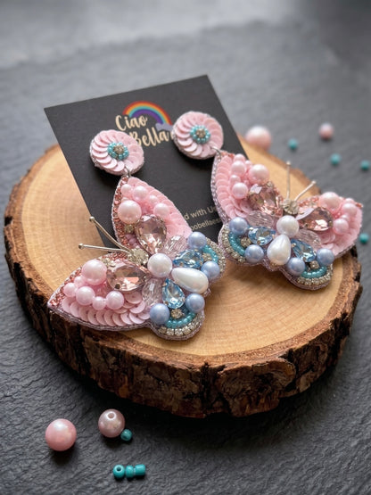 Luxe Crystal Blush Pink & Blue Handmade Beaded Butterfly Earrings