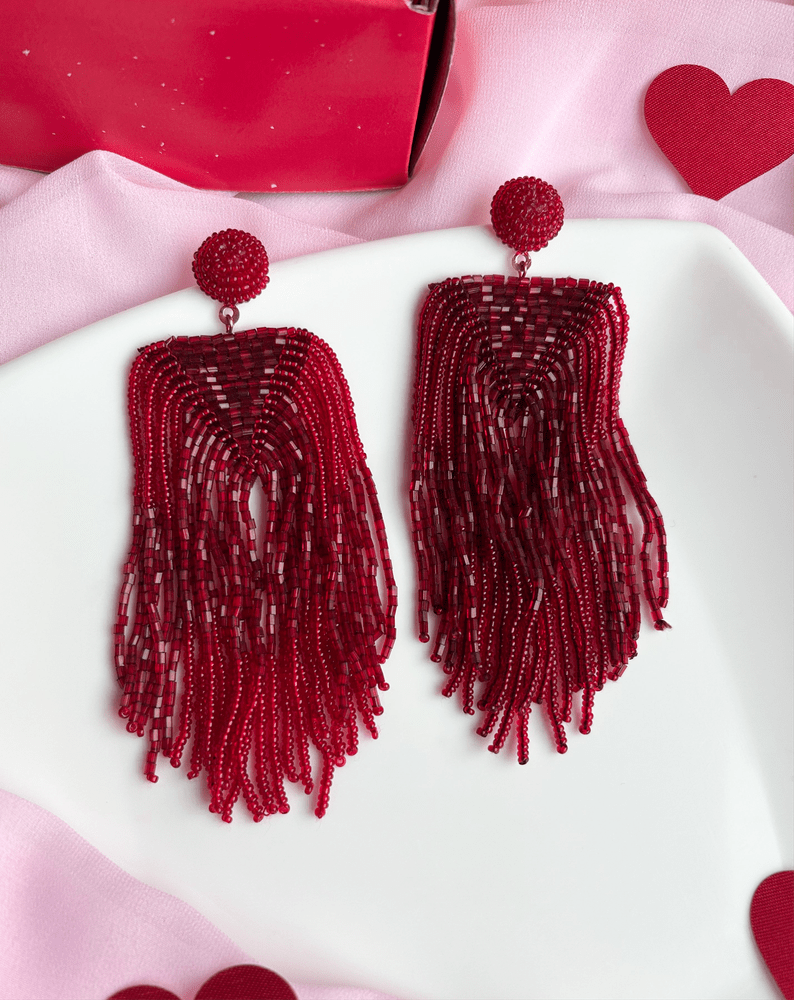 Luxe Deep Red Handmade Beaded Tassel Earrings