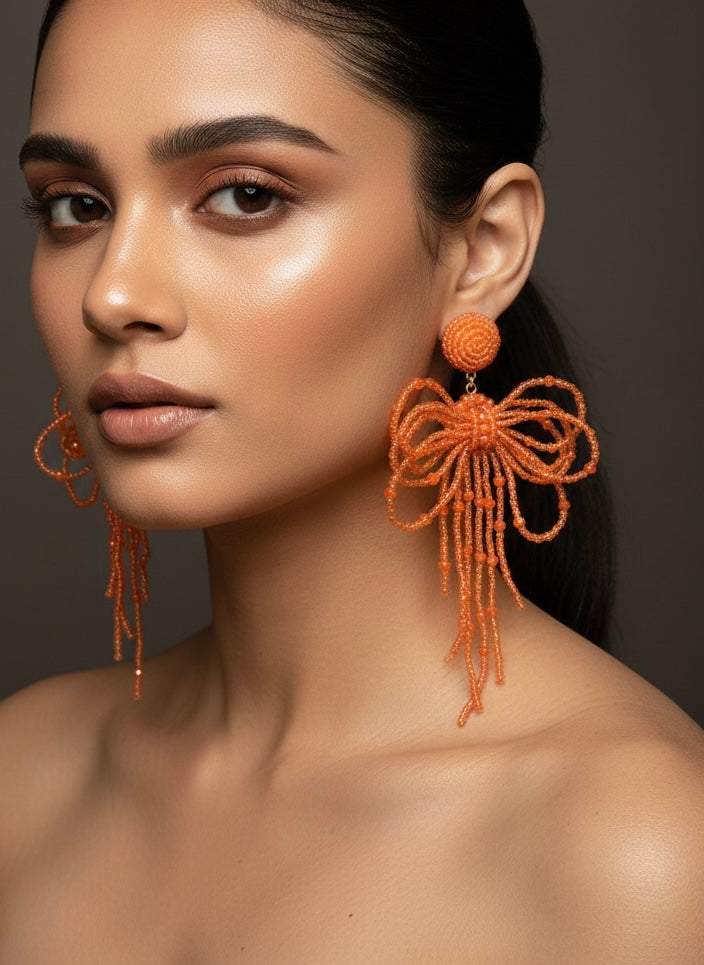 Pookie Bow (Orange) Handmade Beaded Earrings