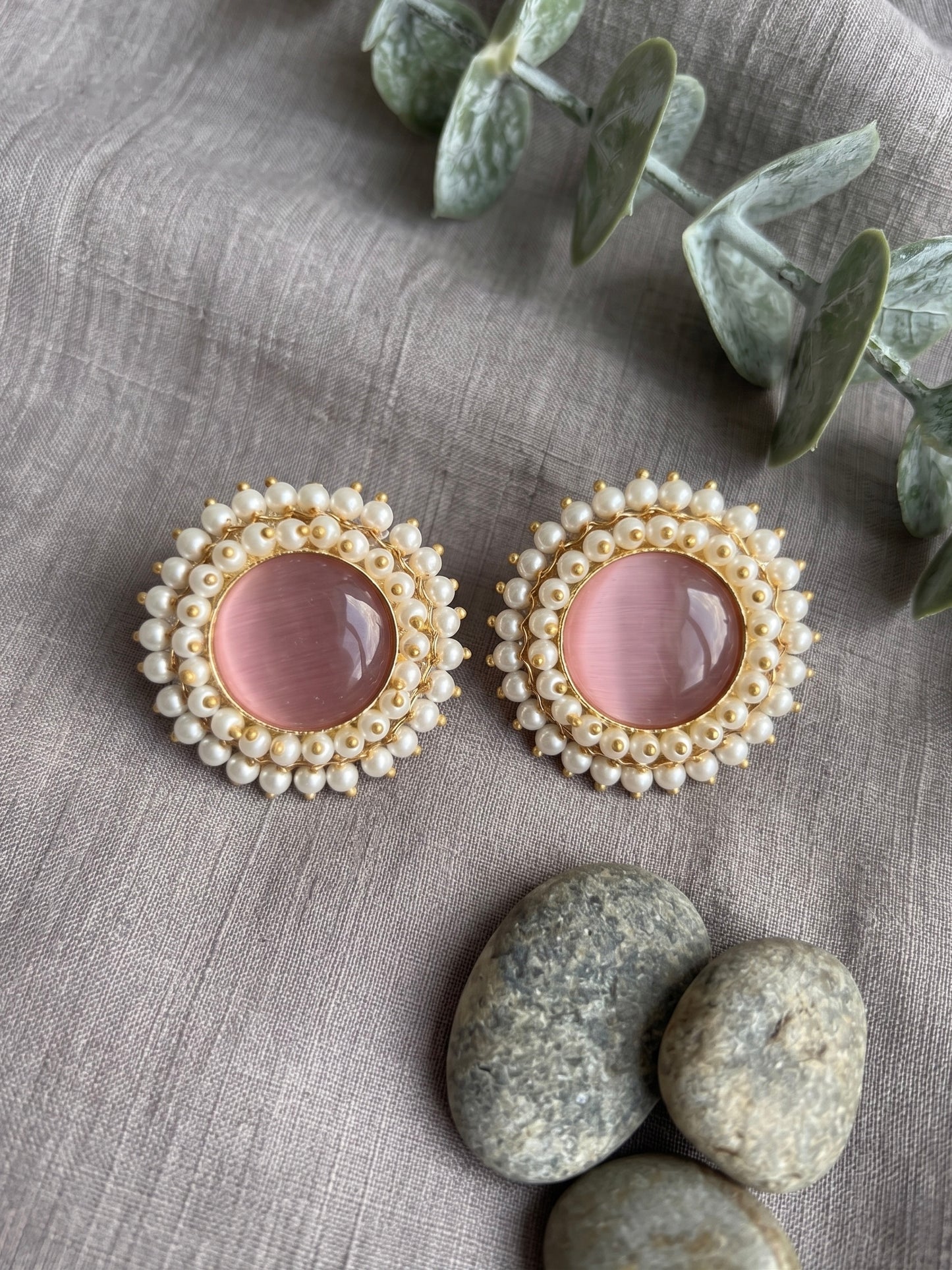 Sitara Blush Pink Pearl Round Handmade Brass Earrings